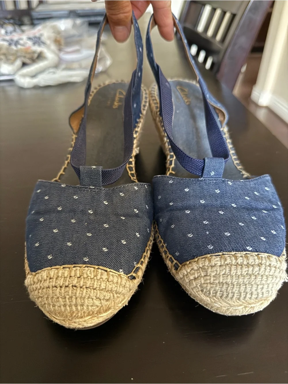 Clarks Navy Espadrille Slingback Flats with Tiny Dot Print